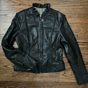 Kenna-T black ruffle genuine leather moto jacket.  Size M